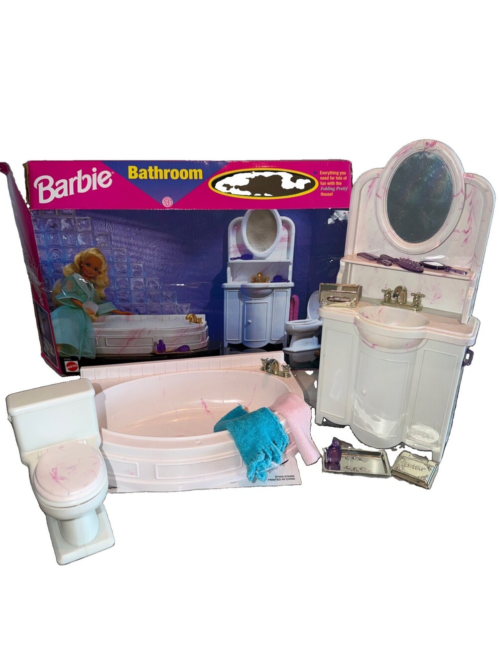 Barbie 1996 Bathroom Playset tub toilet 12pc boxed set scale brush mirror towels